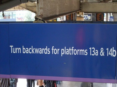 This Manchester station sign caught my eye because it is slightly surreal. Does your copy communicate or confuse? Image for copywriting article by Nottingham copywriter Camilla Zajac